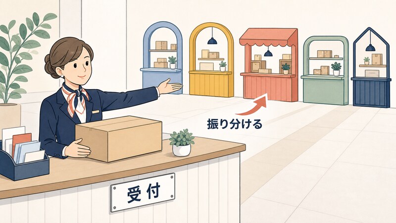 「受付」の看板と「振り分ける」の文字を添えて、受付係が届いた配達物を奥に並ぶ複数の担当窓口のひとつへ案内している様子を描いた挿絵