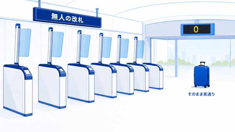 誰にも止められない無人の改札を、荷物がそのまま素通りしていき、出口の表示だけが 0 を示していて、警報も足跡も残っていない様子のイラスト