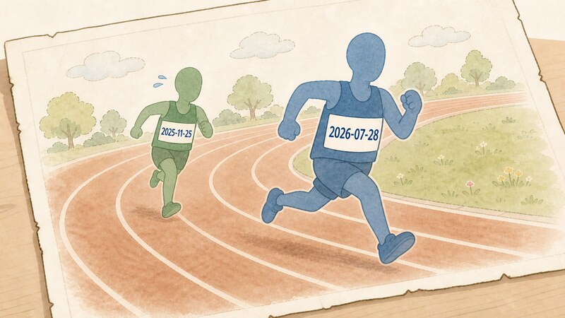 仕様のリビジョン「2026-07-28」が先を行き、SDKの実装「2025-11-25」がその後ろを追いかけている様子を表す挿絵
