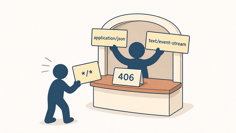 窓口の受付が「application/json」と「text/event-stream」という2つの言葉を待っており、「*/*」だけを差し出した来訪者が「406」の札で足止めされている様子を描いた挿絵