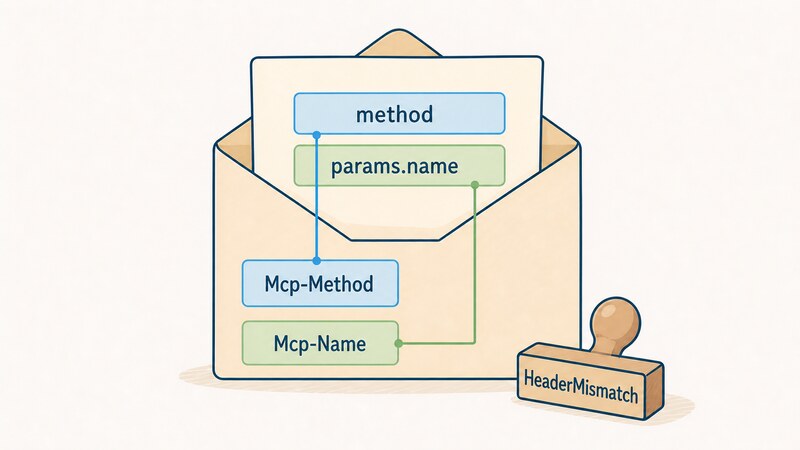 HTTPヘッダーの「Mcp-Method」「Mcp-Name」と、JSON-RPC bodyの「method」「params.name」が同じ値を二重に運んでいる様子と、食い違うと仕様上「HeaderMismatch」というエラー名になることを示す図