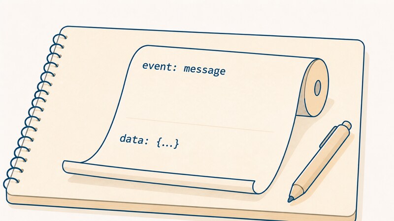 「event: message」という行、「data: {…}」という行、そしてその間を区切る空行というSSEの構造を示す図