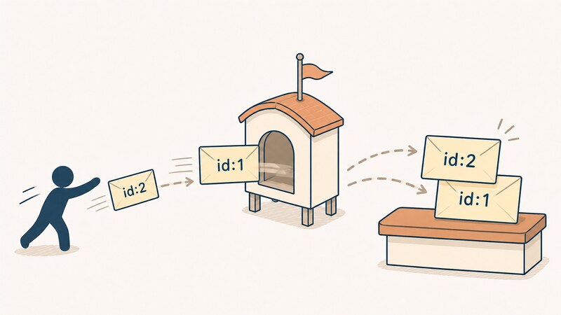 配列で送った「id:1」と「id:2」のリクエストに対して、応答では「id:2」が先、「id:1」が後という逆順で返ってくることを示す図