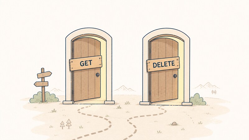 仕様の最新リビジョンが取り除いた「GET」と「DELETE」という2つの扉が、実装ではまだ開いたままになっている様子を描いた挿絵