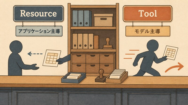 テーブル定義をResourceとして返す矢印と、SQL実行をToolとして呼び出す矢印が並び、それぞれ「アプリケーション主導」「モデル主導」というラベルが添えられている図