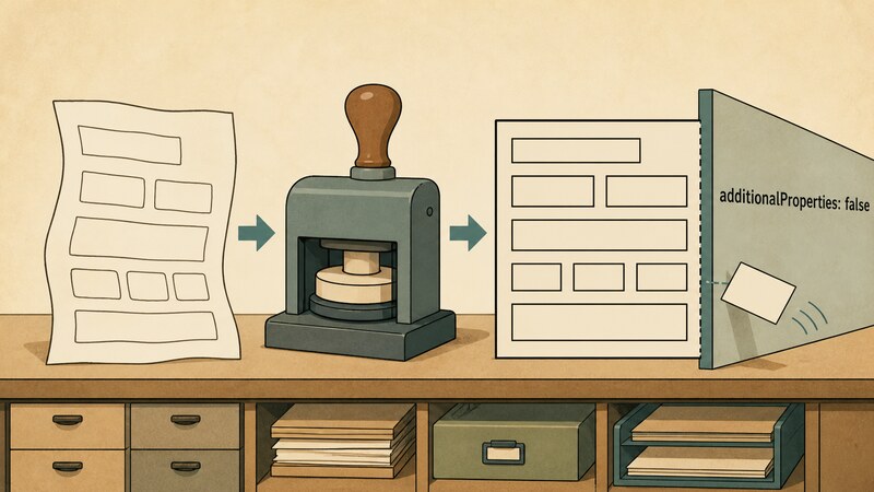 zodのようなスキーマ定義が矢印でJSON Schema draft-07へ変換され、additionalProperties falseというラベルの壁が宣言外の引数を弾いている様子を示す図。「additionalProperties: false」という文字が入っている