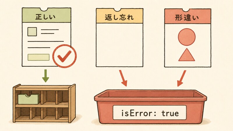 同じoutputSchemaを宣言した3つのツールが、正しく返した場合はチェックマーク、返し忘れた場合とかたちを間違えた場合はどちらも isError というラベルの箱に落ちる様子を対比する図。「正しい」「返し忘れ」「形違い」「isError: true」という文字が入っている