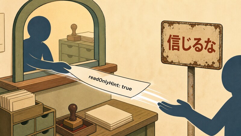 「readOnlyHint: true」という札を掲げたツールの申告がそのままクライアントへ流れていく矢印と、その脇に「信頼できるサーバーからでなければ信じるな」という注意書きの札が立っている、非対称な構造を示す図。「readOnlyHint: true」「信じるな」という文字が入っている