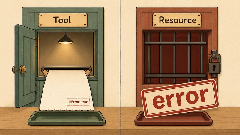 「Tool」の未知呼び出しが「isError: true」を持つ成功レスポンスの経路へ、「Resource」の未知URIが「error」フィールドを持つ本物のJSON-RPCエラーの経路へ、それぞれ別の扉に分かれて流れていく様子を示す図。「Tool」「Resource」「isError: true」「error」という文字が入っている