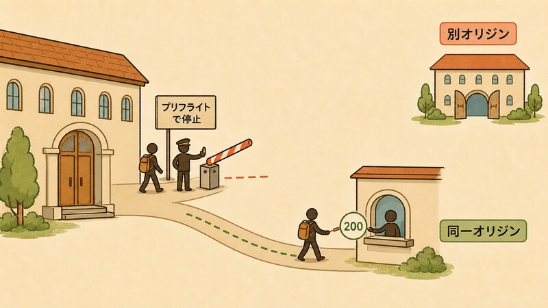 ブラウザから伸びる2本の矢印を描いた図。別オリジンのMCPサーバーへ向かう矢印は「プリフライトで停止」の壁で止まり、同一オリジンの中継へ向かう矢印は壁を通り抜けて「200」に到達している。「別オリジン」「同一オリジン」というラベルが添えられている