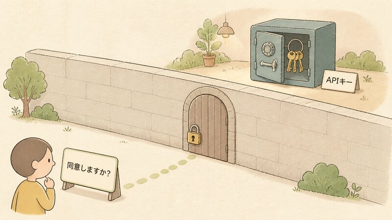 利用者の前にある同意を求めるダイアログと、その奥の壁の向こうに鍵のかかった金庫としてしまわれているAPIキーを描いた挿絵。「同意しますか?」「APIキー」という文字が添えられている