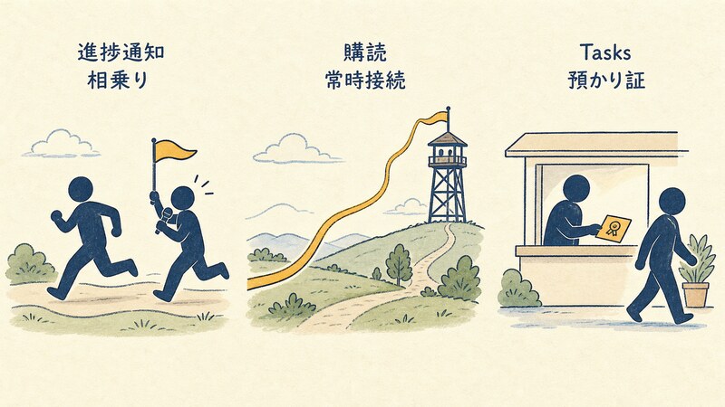 進捗通知が実行中のリクエストに相乗りする様子、購読が長命のストリームを別に開く様子、Tasksが預かり証のようなハンドルを渡す様子を並べた図。「進捗通知」「購読」「Tasks」「相乗り」「常時接続」「預かり証」というラベルが描かれている