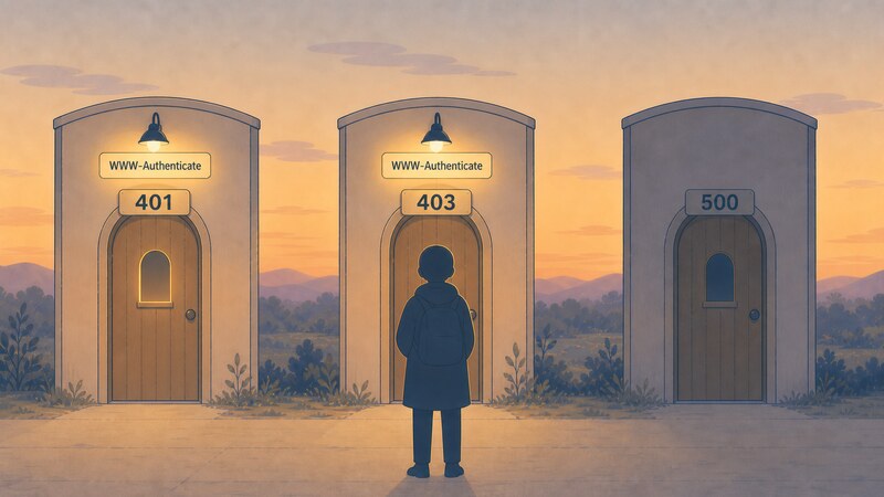 「401」と「403」の扉には「WWW-Authenticate」という道しるべが灯っている一方、「500」の扉だけ何の合図もなく閉ざされている様子を示す図