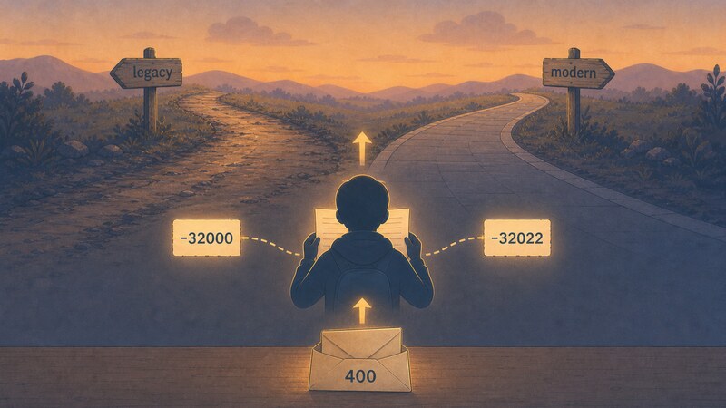 サーバーから返った「400」の本文を読み、「-32022」なら「modern」、「-32000」のような見慣れないコードなら「legacy」と判定して枝分かれする図