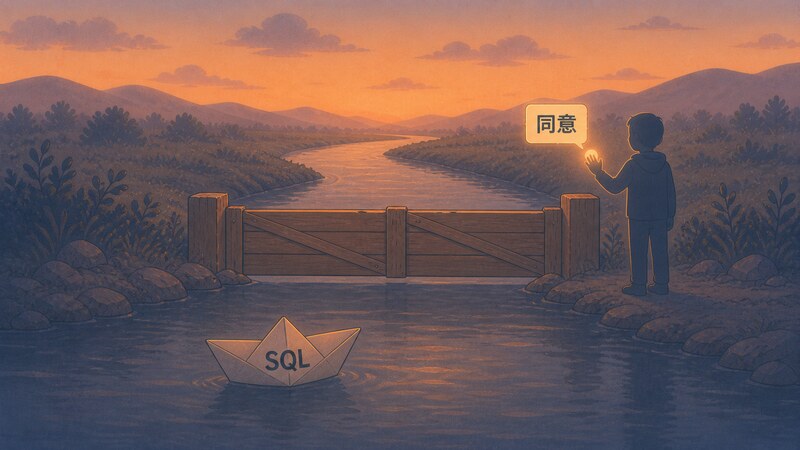 LLMが組み立てた「SQL」の紙片がデータベースへ向かう手前に閉じた門があり、「同意」の合図を待っている様子を描いた挿絵