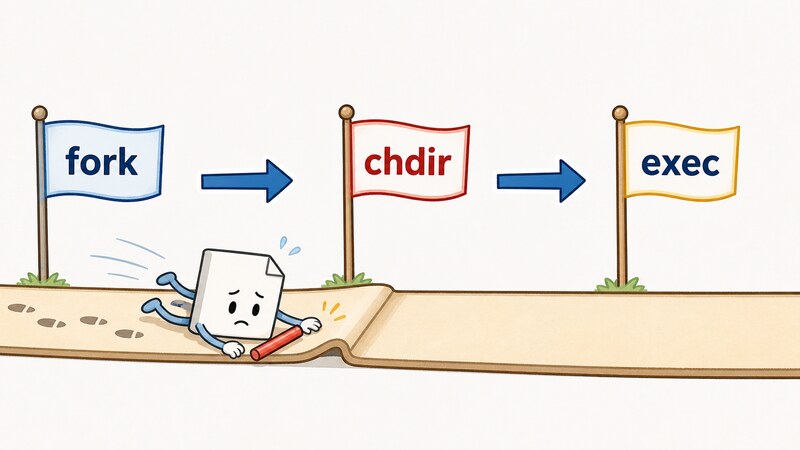 fork・chdir・execと並んだ3つの工程のうち、chdirの箱でつまずいて倒れている様子と、その先のexecの箱には一度も足を踏み入れていないことを矢印で示した挿絵