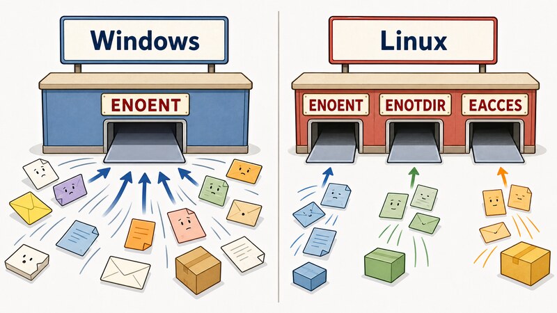Windows側は複数の異なる書類がすべて同じ「ENOENT」という一つの受付箱に投げ込まれる一方、Linux側は「ENOENT」「ENOTDIR」「EACCES」という3つの異なる受付箱に仕分けられている対比を描いた挿絵