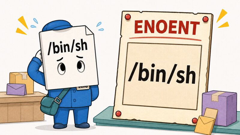 「echo」と書かれた小さな配達人の顔の上に「/bin/sh」と書かれた仮面がかぶさっていて、ENOENTの手配書には仮面の名前だけが載っている様子を描いた挿絵
