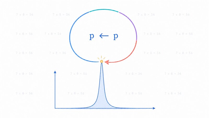 確率の山が一点だけに尖っていて、そこから伸びた矢印「p ← p」が輪を描いて同じ点に戻ってくる図。背景にうっすらと「7 x 8 = 56」の数式の羅列が透けている
