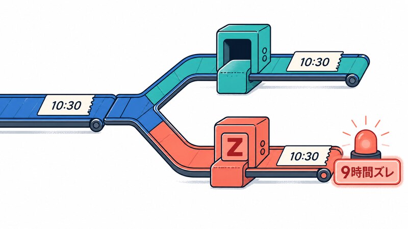 壁時計の「10:30」という数字が、そのまま読まれる経路と「Z」を付けて瞬間として読まれる経路に分かれ、後者が9時間ズレることを示す図
