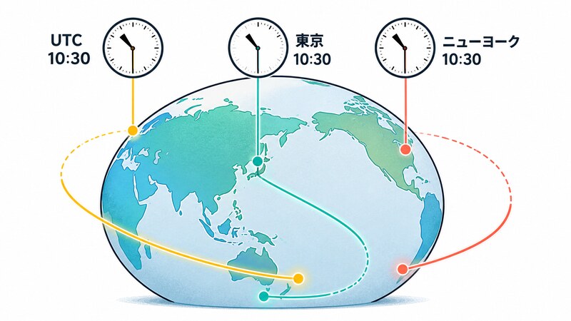 地球儀の上に「東京」「ニューヨーク」「UTC」の時計が並び、同じ「10:30」という壁時計の数字がそれぞれ違う瞬間を指すことを示す図