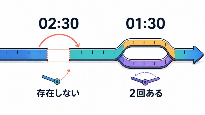 夏時間の切り替えを表すタイムライン上に「02:30 存在しない」と「01:30 2回ある」というラベルが示された図