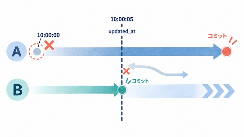 updated_at の時間軸上で、10:00:00に始まり後からコミットする長いトランザクションAと、10:00:05に始まりすぐコミットする短いトランザクションBを並べ、同期の境界線がAを永久に取りこぼす様子を示した図