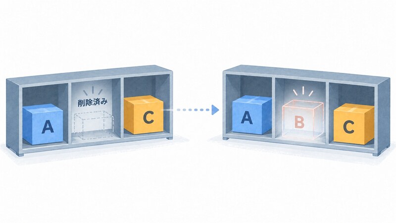 元のテーブルにはAとCだけが残りBは消えているのに、同期先にはA・B・Cがすべて並び、削除済みのはずのBだけが幽霊のように残り続けている様子を描いた挿絵