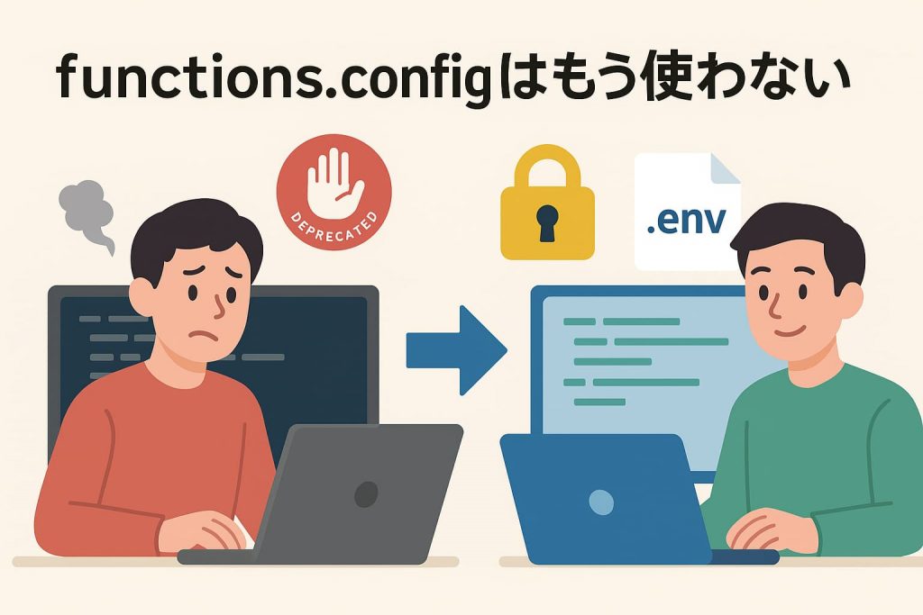 PCを使う2人の男性の対比(古い方法と新しい方法)のイラスト