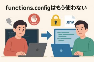 PCを使う2人の男性の対比（古い方法と新しい方法）のイラスト
