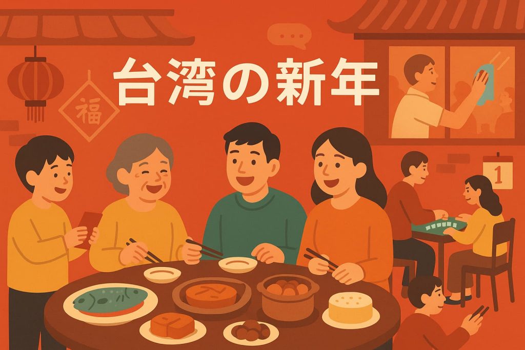家族で囲む食卓や麻雀卓のイラスト