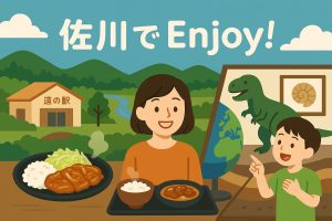 佐川町の魅力を並べたイラストと親子のイラスト