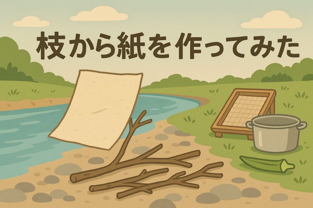 記事タイトルと川辺の枝と紙のイラスト