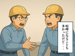 作業員が言い争っているイラスト