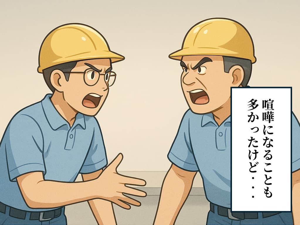 作業員が言い争っているイラスト