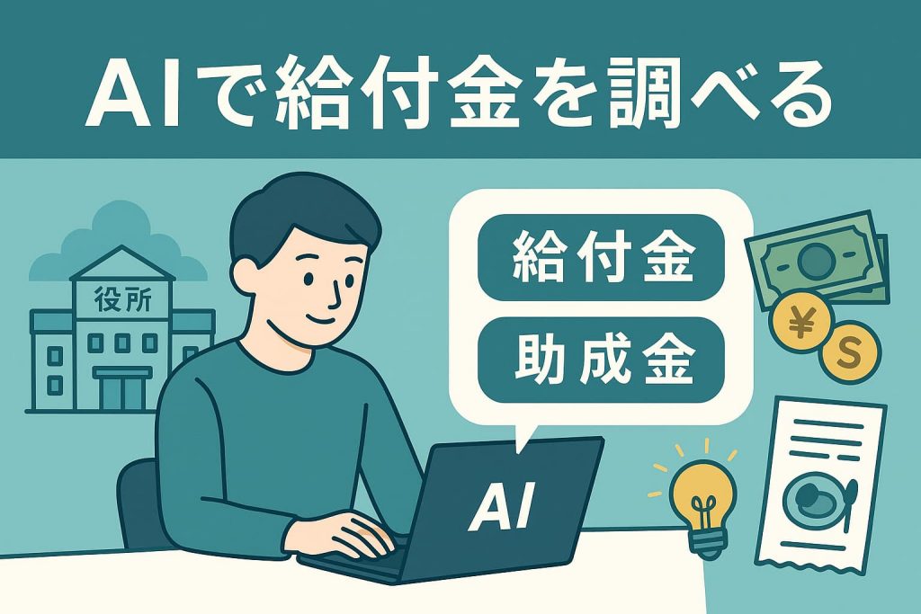 PCでAIを使って給付金・助成金を調べる男性のイラスト
