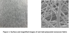 Figure 1: Surface and magnified images of wet-laid polyacetal nonwoven fabric