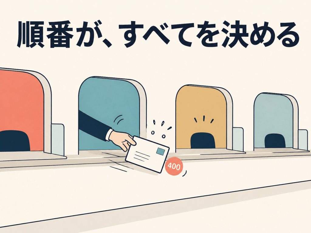 「順番が、すべてを決める」という見出しと 400 の文字を添えて、手紙が意図した窓口ではない別の窓口に横から引き取られてしまう様子を描いた挿絵