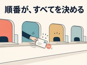「順番が、すべてを決める」という見出しと 400 の文字を添えて、手紙が意図した窓口ではない別の窓口に横から引き取られてしまう様子を描いた挿絵