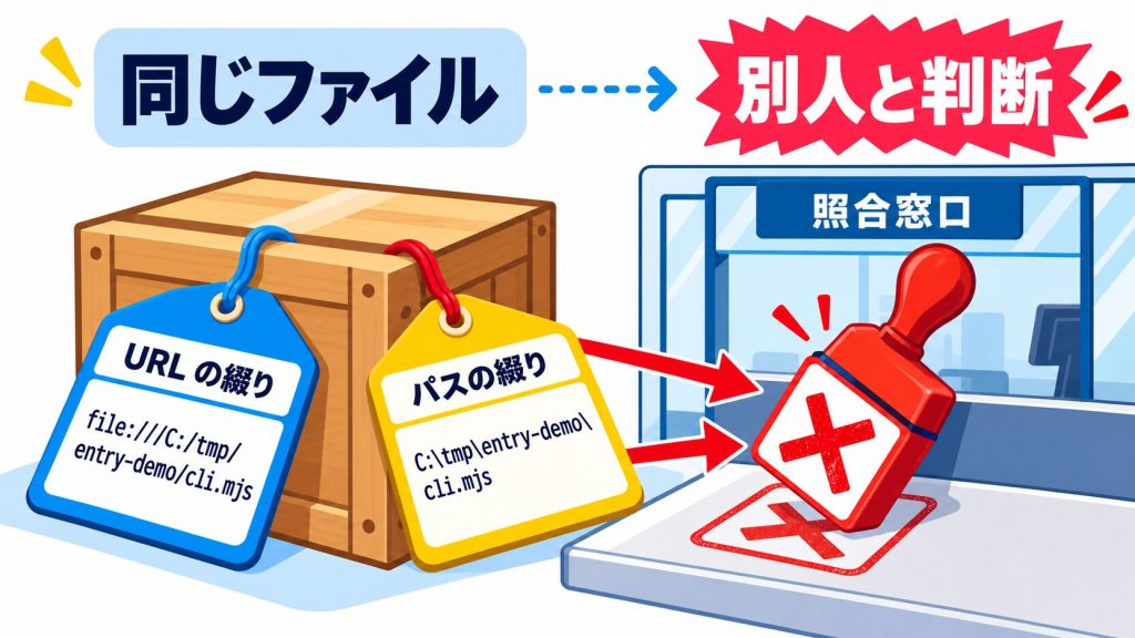 同じファイルを指す2枚の荷札が、片方には file:///C:/tmp/entry-demo/cli.mjs という URL の綴り、もう片方には C:tmpentry-democli.mjs というパスの綴りで書かれていて、照合窓口が別人と判断してしまう様子のイラスト