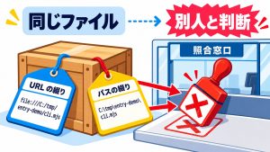 同じファイルを指す2枚の荷札が、片方には file:///C:/tmp/entry-demo/cli.mjs という URL の綴り、もう片方には C:tmpentry-democli.mjs というパスの綴りで書かれていて、照合窓口が別人と判断してしまう様子のイラスト