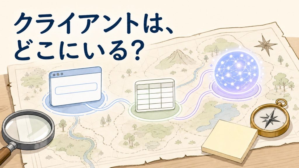 自然言語の問い合わせを受け取り、AIがSQLを組み立て、データベースに問い合わせて表を返すブラウザアプリの全体像と、「クライアントは、どこにいる?」という問いかけを示す挿絵