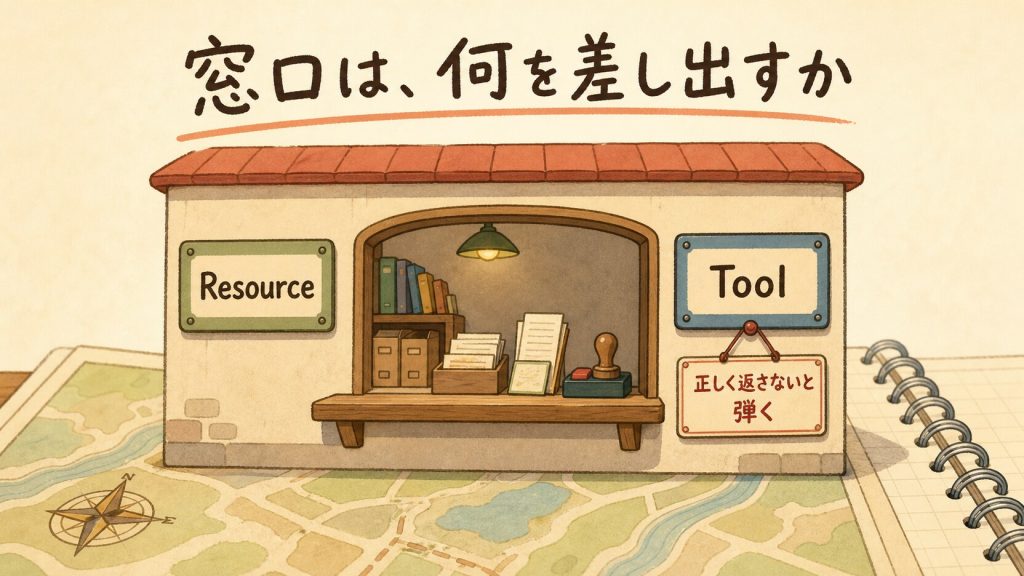 MCPサーバーの窓口カウンターに「Resource」「Tool」の2つの案内板が掲げられ、片方には「正しく返さないと弾く」という注意書きが添えられている挿絵。「窓口は、何を差し出すか」という文字が入っている