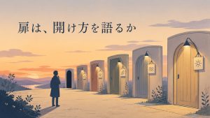 いくつも並んだ扉のうち、合図が灯る扉と、何の合図もなく閉ざされた扉が対比され、「扉は、開け方を語るか」という文字が入ったヒーロー挿絵