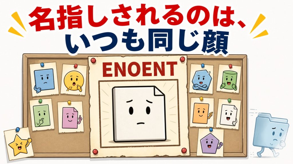 「名指しされるのは、いつも同じ顔」という文字と「ENOENT」の手配書に実行ファイルの顔写真だけが貼られ、本当は姿を消しているフォルダのシルエットが手配書の外にはみ出している様子を描いたヒーロー挿絵