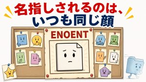 「名指しされるのは、いつも同じ顔」という文字と「ENOENT」の手配書に実行ファイルの顔写真だけが貼られ、本当は姿を消しているフォルダのシルエットが手配書の外にはみ出している様子を描いたヒーロー挿絵
