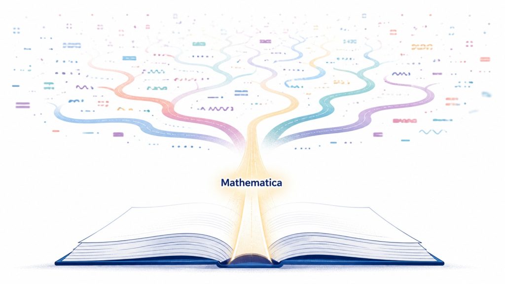 本のページから伸びる分岐する光の道。手前の枝は「Mathematica」という文字だけが浮かぶ細い一本道で、奥には無数の言葉が浮かぶ広い分岐が広がっている