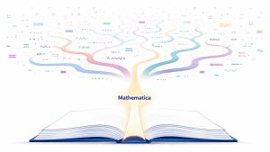 本のページから伸びる分岐する光の道。手前の枝は「Mathematica」という文字だけが浮かぶ細い一本道で、奥には無数の言葉が浮かぶ広い分岐が広がっている