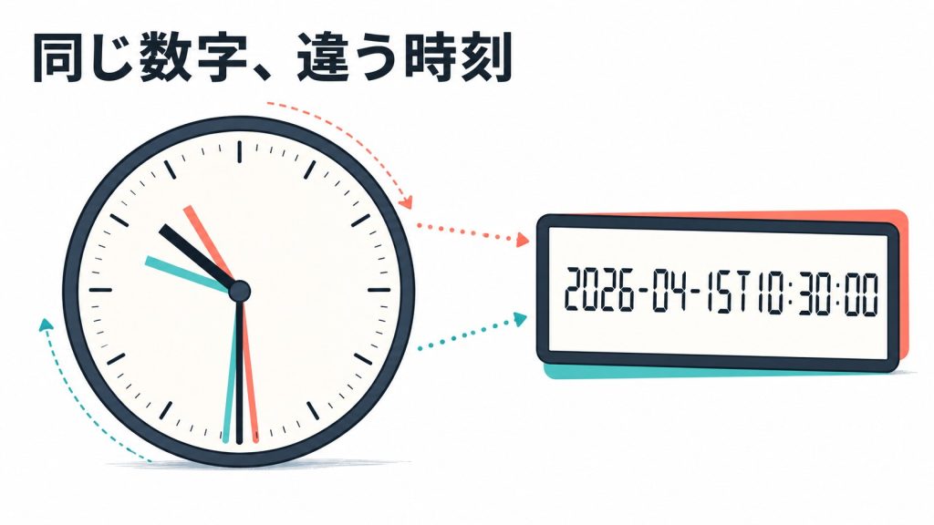 「同じ数字、違う時刻」というキャッチコピーとともに、アナログの壁時計とデジタルな日時の数字列が並んで描かれた絵