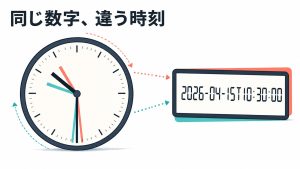 「同じ数字、違う時刻」というキャッチコピーとともに、アナログの壁時計とデジタルな日時の数字列が並んで描かれた絵